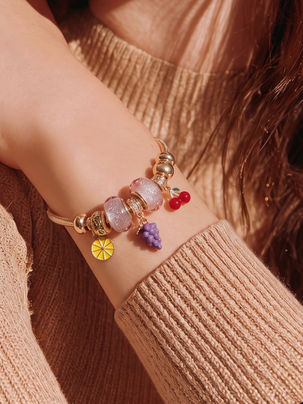 Silver Charm Bracelet with Pink Glitter Beads and Fruit Charms